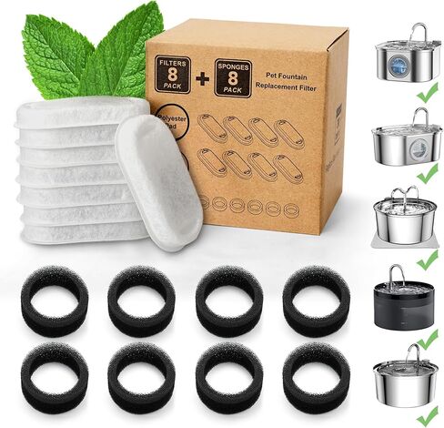 Cat Water Fountain Filters, 8 Packs Replacement Filters for 67oz/2L Stainless Steel Cat Water Fountain, 4 Months Set of Replacement Filters fot Pet Fountain, 8 Carbon Filters & 8 Foam Filters in Kuwait
