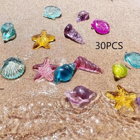 30/50-Piece Colorful Artificial Decorative Shells, Clear Crystal Acrylic Sea Stars & Shells for Aquarium Landscaping, Decorative Pool Ornaments, Beach Theme Party DIY Craft Supplies (30pcs) in Kuwait