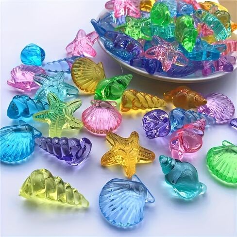 30/50-Piece Colorful Artificial Decorative Shells, Clear Crystal Acrylic Sea Stars & Shells for Aquarium Landscaping, Decorative Pool Ornaments, Beach Theme Party DIY Craft Supplies (30pcs) in Kuwait