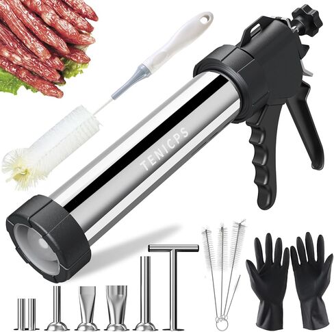 Professional Jerky Gun Kits, Sausage Maker, Stainless Steel Beef jerky gun for Ground Meat, Sausage Stuffer, Jerky Shooter Cannon Meat Gun with 5 Nozzles 5 Brushes 1 Meat Pusher & A Pair of Gloves in Kuwait
