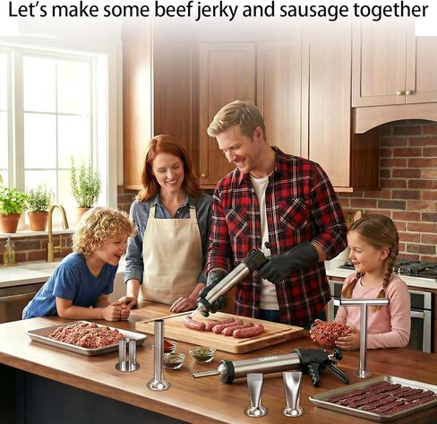 Professional Jerky Gun Kits, Sausage Maker, Stainless Steel Beef jerky gun for Ground Meat, Sausage Stuffer, Jerky Shooter Cannon Meat Gun with 5 Nozzles 5 Brushes 1 Meat Pusher & A Pair of Gloves in Kuwait