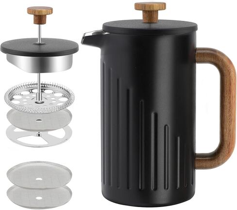 Rorence French Press Coffee Maker 34 oz (8 Cups), Double Wall Stainless Steel Coffee Press with Real Wood Handle, 4-Level Filtration System, Heat Retention & No-Burn Exterior, for Coffee & Tea, Black in Kuwait