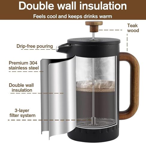 Rorence French Press Coffee Maker 34 oz (8 Cups), Double Wall Stainless Steel Coffee Press with Real Wood Handle, 4-Level Filtration System, Heat Retention & No-Burn Exterior, for Coffee & Tea, Black in Kuwait