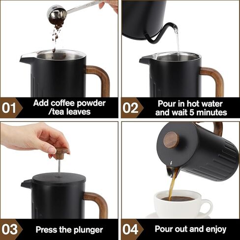Rorence French Press Coffee Maker 34 oz (8 Cups), Double Wall Stainless Steel Coffee Press with Real Wood Handle, 4-Level Filtration System, Heat Retention & No-Burn Exterior, for Coffee & Tea, Black in Kuwait