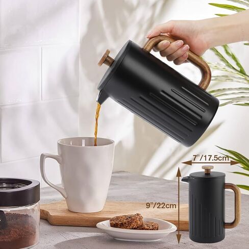 Rorence French Press Coffee Maker 34 oz (8 Cups), Double Wall Stainless Steel Coffee Press with Real Wood Handle, 4-Level Filtration System, Heat Retention & No-Burn Exterior, for Coffee & Tea, Black in Kuwait