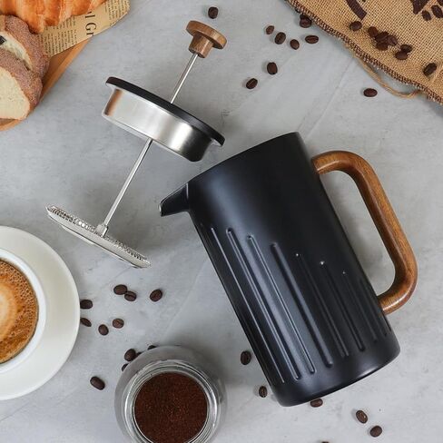 Rorence French Press Coffee Maker 34 oz (8 Cups), Double Wall Stainless Steel Coffee Press with Real Wood Handle, 4-Level Filtration System, Heat Retention & No-Burn Exterior, for Coffee & Tea, Black in Kuwait