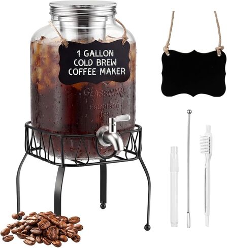 1 Gallon Cold Brew Coffee Maker with Stand, Heavy Duty Glass Iced Coffee Maker & Beverage Dispenser, Thick Iced Tea Pitcher for Fridge with 304 Stainless Steel Filter, Spigot & Lid in Kuwait