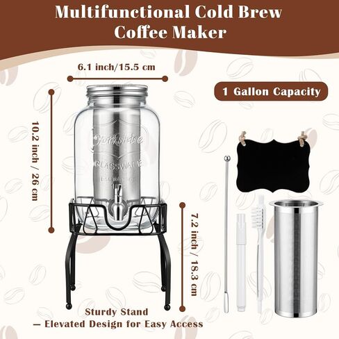1 Gallon Cold Brew Coffee Maker with Stand, Heavy Duty Glass Iced Coffee Maker & Beverage Dispenser, Thick Iced Tea Pitcher for Fridge with 304 Stainless Steel Filter, Spigot & Lid in Kuwait