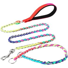 Chew Proof Metal Dog Leash with Built-in P-Chain Collar - 2FT/4FT for Small/Medium/Large Dogs (30-150lb), Anti-Bite Chain Link with Soft Padded Handle, 360° Rotating Clasp Black in Saudi Arabia