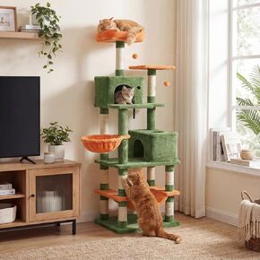 DORTALA Cat Tree for Indoor Cats, 66" Tall Cat Tower with 2 Condos, Sisal Scratching Posts, Plush Perch, Hammock, Dangling Balls, Multi-Level Pet Climbing Furniture Activity Center (Green+Orange) in Saudi Arabia