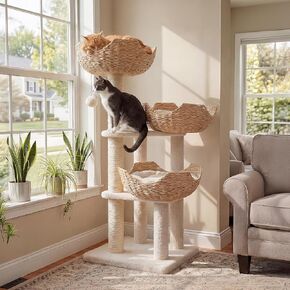 43.7 Inch Modern Cat Tree for Indoor Cats, 3 Handwoven Rattan Baskets with Thick Cushions, Multi-Level Cat Tower with Sisal Scratching Posts & Hanging Toys for Large Cats-White in Kuwait