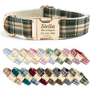 Plaid Polyester Personalized Dog Collar with Name - Custom Dog Collar Laser Engraved Name and Phone Numbers on Metal Buckle (Blue, S (10-16 Inches)) in Saudi Arabia