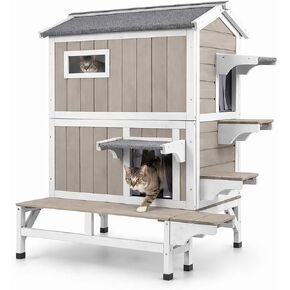 PetsCosset Outdoor Cat House 2 Story Wooden Houses for Outside Feral Cats Weatherproof Indoor Cat Condo with Large Balcony 2 Escape Doors to Enhanced Safety, Easy Slide Bottom, Simple Assembly in Saudi Arabia