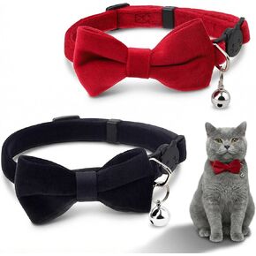 Kitten Collar Breakaway with Bell Bowtie 2 Pcs, Adjustable Soft Safety Velvet Cat Collar for Female Male Small Cats, Puppy Pet Neckband Straps Accessories Gift Set, Quick Release Buckle in Kuwait