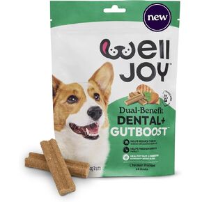 جديد! WellJoy Dog Treat Dental+ GutBoost | يساعد على تقليل الجير | ينعش النفس | تركيبة GutBoost ثنائية الفائدة | تركيبة بيطرية | صنع في الولايات المتحدة الأمريكية | مصنوعة من الدجاج الحقيقي المبشور | 24 عصا in Kuwait