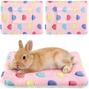 2 Pcs Bunny Bed, Washable Rabbit Bed, Double-Sided Fleece Sleeping Pad for Guinea Pig, Dwarf Rabbit, Chinchilla, Ferret, Hamster, Warm Small Animal Cage Mat, 13x10in, Pink Heart in Saudi Arabia