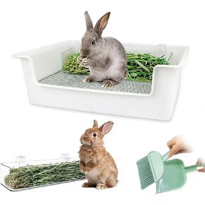 Stainless Steel Gird Rabbit Litter Box, Low Entry Bunny Litter Pan with Hay Feeder & Broom, Corner Potty Tray for Small Animals Rabbits Guinea Pigs Ferrets, 15.4x11.2x4.8 inch (White) in Saudi Arabia