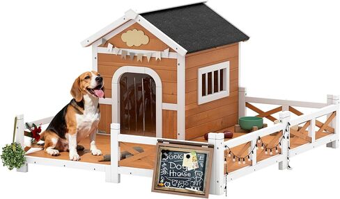 PawHut Outdoor Dog House, 56" Wooden Dog House with Large Porch, Weatherproof & Openable Roof, Elevated Base, Removable Floor, Outside Shelter for Small to Medium Breeds, 47" × 56" × 31.5" in Kuwait