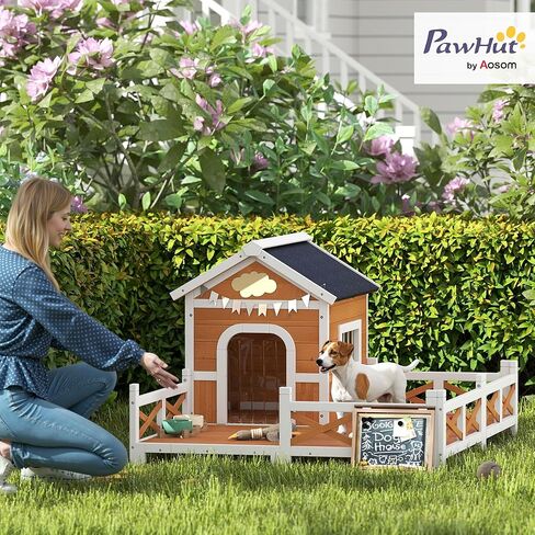 PawHut Outdoor Dog House, 56" Wooden Dog House with Large Porch, Weatherproof & Openable Roof, Elevated Base, Removable Floor, Outside Shelter for Small to Medium Breeds, 47" × 56" × 31.5" in Kuwait