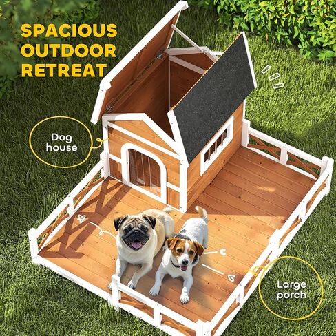 PawHut Outdoor Dog House, 56" Wooden Dog House with Large Porch, Weatherproof & Openable Roof, Elevated Base, Removable Floor, Outside Shelter for Small to Medium Breeds, 47" × 56" × 31.5" in Kuwait
