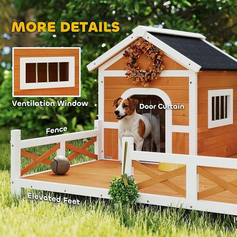PawHut Outdoor Dog House, 56" Wooden Dog House with Large Porch, Weatherproof & Openable Roof, Elevated Base, Removable Floor, Outside Shelter for Small to Medium Breeds, 47" × 56" × 31.5" in Kuwait