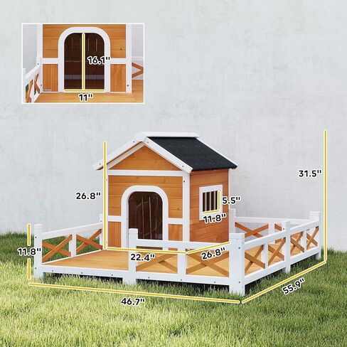 PawHut Outdoor Dog House, 56" Wooden Dog House with Large Porch, Weatherproof & Openable Roof, Elevated Base, Removable Floor, Outside Shelter for Small to Medium Breeds, 47" × 56" × 31.5" in Kuwait