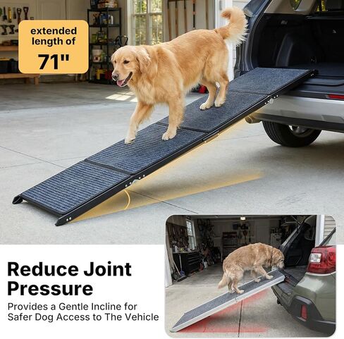 Veehoo Dog Ramp for Car Truck SUV 71" Long 20" Extra Wide, Foldable Dog Ramp with Non Slip Rug Surface for Large Dogs, Portable Folding Outdoor Pet Stairs for Dogs to Get in Car, Support up to 220lbs in Kuwait