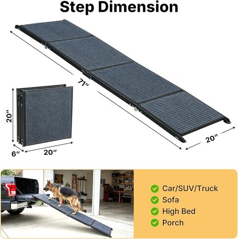 Veehoo Dog Ramp for Car Truck SUV 71" Long 20" Extra Wide, Foldable Dog Ramp with Non Slip Rug Surface for Large Dogs, Portable Folding Outdoor Pet Stairs for Dogs to Get in Car, Support up to 220lbs in Kuwait