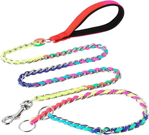 Chew Proof Metal Dog Leash with Built-in P-Chain Collar - 2FT/4FT for Small/Medium/Large Dogs (30-150lb), Anti-Bite Chain Link with Soft Padded Handle, 360° Rotating Clasp Black in Kuwait