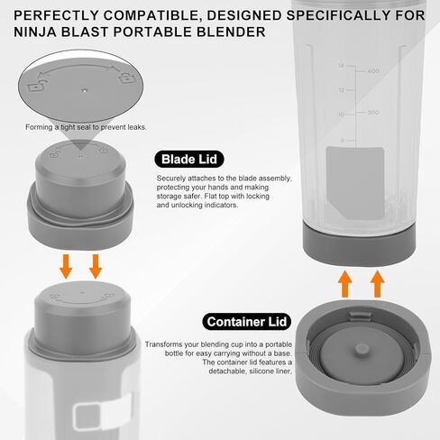 Blade Cover & Vessel Cap Set for Ninja Blast Portable Blender BC100/BC151 Series, Silicone and Plastic Blender Replacement Parts Accessories Leakproof & Dishwasher-Safe (Gray) in Kuwait
