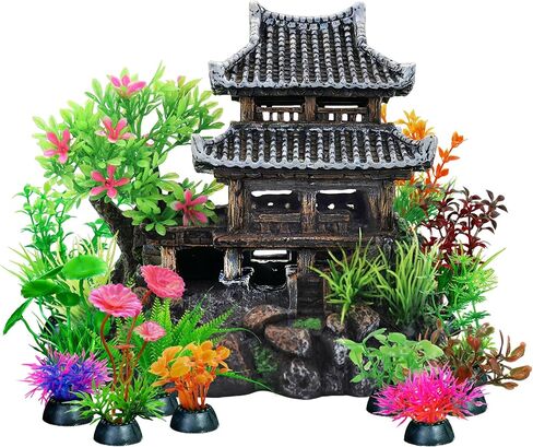 13 Piece Fish Aquarium Castle Decor Resin Fish Tank Accessories Decorations Realistic Detail Landscape Aquarium Ornaments for Freshwater Saltwater Fish Tanks (Farmhouse) in Kuwait
