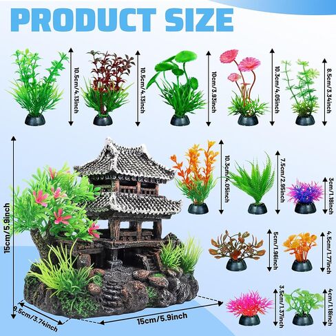 13 Piece Fish Aquarium Castle Decor Resin Fish Tank Accessories Decorations Realistic Detail Landscape Aquarium Ornaments for Freshwater Saltwater Fish Tanks (Farmhouse) in Kuwait
