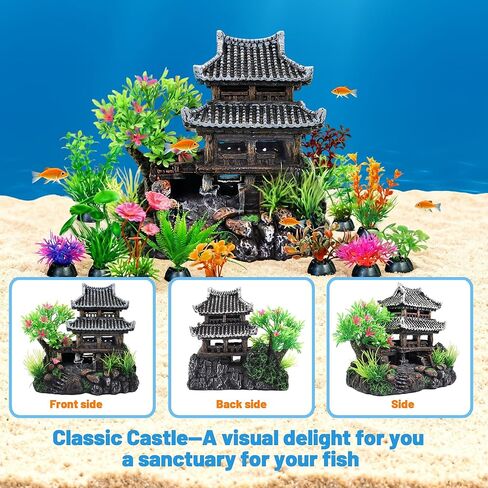13 Piece Fish Aquarium Castle Decor Resin Fish Tank Accessories Decorations Realistic Detail Landscape Aquarium Ornaments for Freshwater Saltwater Fish Tanks (Farmhouse) in Kuwait