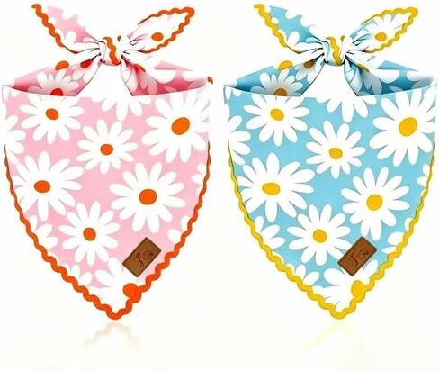 JarThenaAMCS 2Pcs Floral Dog Bandana Pink Blue Daisy Flower Scalloped Triangle Pet Scarf Double-Layer Reversible Adjustable Puppy Neckerchief for Spring Medium Large Dog Cat Costume Accessories in Kuwait