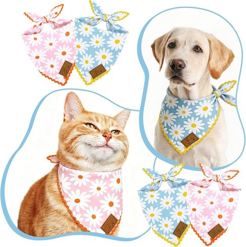 JarThenaAMCS 2Pcs Floral Dog Bandana Pink Blue Daisy Flower Scalloped Triangle Pet Scarf Double-Layer Reversible Adjustable Puppy Neckerchief for Spring Medium Large Dog Cat Costume Accessories in Kuwait