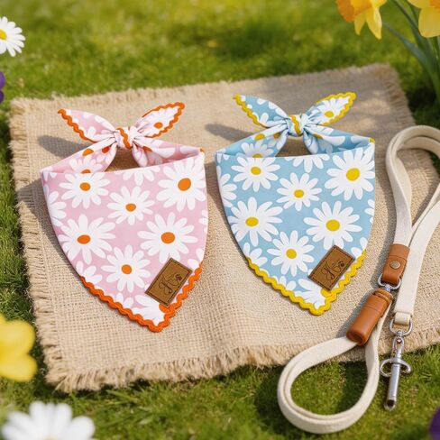 JarThenaAMCS 2Pcs Floral Dog Bandana Pink Blue Daisy Flower Scalloped Triangle Pet Scarf Double-Layer Reversible Adjustable Puppy Neckerchief for Spring Medium Large Dog Cat Costume Accessories in Kuwait