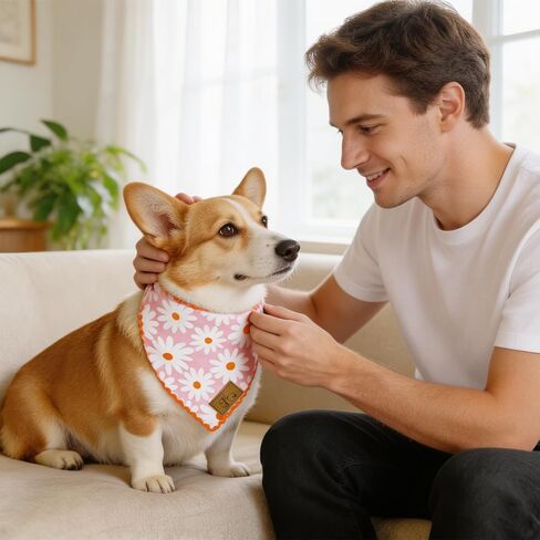 JarThenaAMCS 2Pcs Floral Dog Bandana Pink Blue Daisy Flower Scalloped Triangle Pet Scarf Double-Layer Reversible Adjustable Puppy Neckerchief for Spring Medium Large Dog Cat Costume Accessories in Kuwait