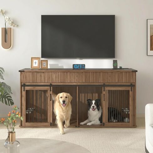 71'' Double Dog Crate Furniture, Large Dog Kennel Indoor with 360° Rotating Feeders and Removable Divider, XXL Wooden Dog Cage with Charging Station, Dog House TV Stand for Large Dog, Walnut in Kuwait