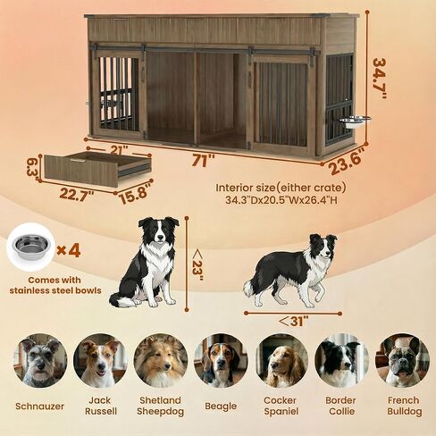 71'' Double Dog Crate Furniture, Large Dog Kennel Indoor with 360° Rotating Feeders and Removable Divider, XXL Wooden Dog Cage with Charging Station, Dog House TV Stand for Large Dog, Walnut in Kuwait