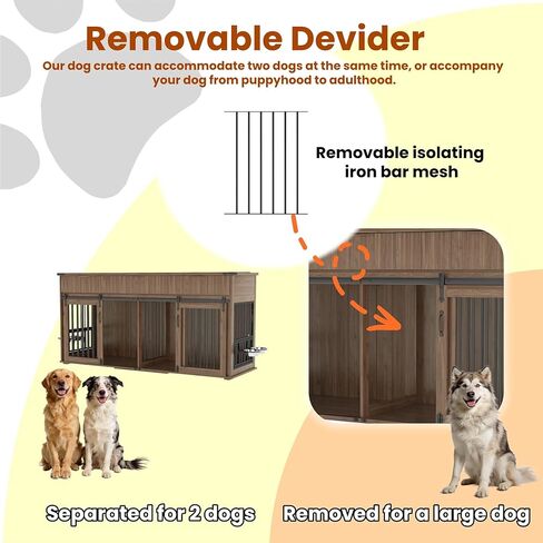 71'' Double Dog Crate Furniture, Large Dog Kennel Indoor with 360° Rotating Feeders and Removable Divider, XXL Wooden Dog Cage with Charging Station, Dog House TV Stand for Large Dog, Walnut in Kuwait