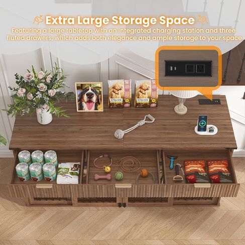 71'' Double Dog Crate Furniture, Large Dog Kennel Indoor with 360° Rotating Feeders and Removable Divider, XXL Wooden Dog Cage with Charging Station, Dog House TV Stand for Large Dog, Walnut in Kuwait