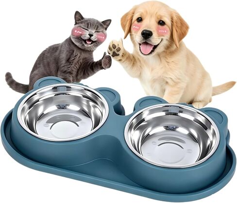 Stainless Steel Double Pet Bowls with Non-Slip Base, Detachable Dog Cat Food and Water Feeder Set, Anti-Spill & Easy to Clean Pet Feeding Bowls for Small Dogs & Cats in Kuwait