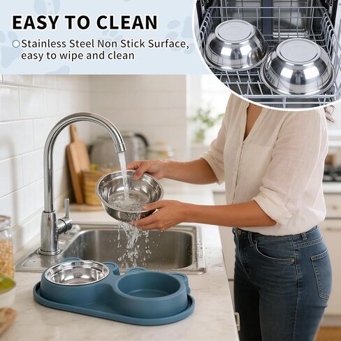 Stainless Steel Double Pet Bowls with Non-Slip Base, Detachable Dog Cat Food and Water Feeder Set, Anti-Spill & Easy to Clean Pet Feeding Bowls for Small Dogs & Cats in Kuwait
