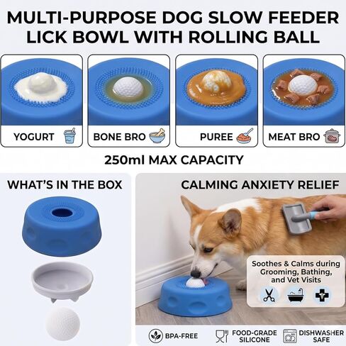Dog Slow Feeder Licking Bowl with Rolling Ball Liquid Treats & Yogurt - Silicone Enrichment Toy for Anxiety Relief - Anti-Slip Pet Bowl with Suction Cup for Small Medium Dogs in Kuwait