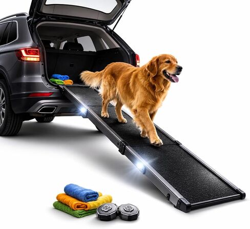 Dog Ramp for Car & SUV with Non-Slip Rug Surface – Lightweight & Foldable Pet Ramp for Dogs, Includes 4 Towels & 2 LED Lights, Safe for Cars, Trucks, Beds, Couches & Stairs in Kuwait