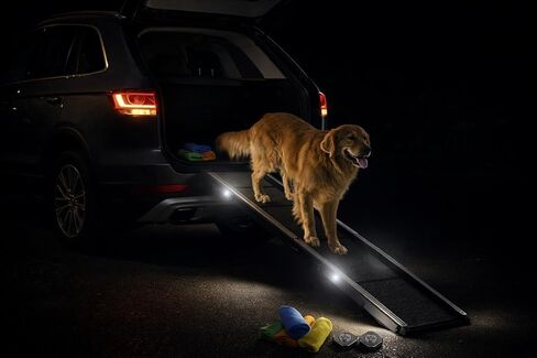 Dog Ramp for Car & SUV with Non-Slip Rug Surface – Lightweight & Foldable Pet Ramp for Dogs, Includes 4 Towels & 2 LED Lights, Safe for Cars, Trucks, Beds, Couches & Stairs in Kuwait
