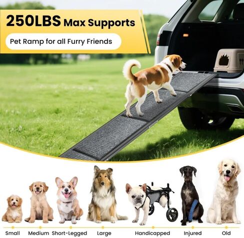 Dog Ramp for Car & SUV with Non-Slip Rug Surface – Lightweight & Foldable Pet Ramp for Dogs, Includes 4 Towels & 2 LED Lights, Safe for Cars, Trucks, Beds, Couches & Stairs in Kuwait
