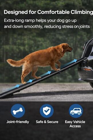 Dog Ramp for Car & SUV with Non-Slip Rug Surface – Lightweight & Foldable Pet Ramp for Dogs, Includes 4 Towels & 2 LED Lights, Safe for Cars, Trucks, Beds, Couches & Stairs in Kuwait