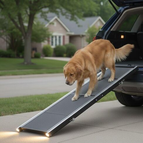Dog Ramp for Car & SUV with Non-Slip Rug Surface – Lightweight & Foldable Pet Ramp for Dogs, Includes 4 Towels & 2 LED Lights, Safe for Cars, Trucks, Beds, Couches & Stairs in Kuwait