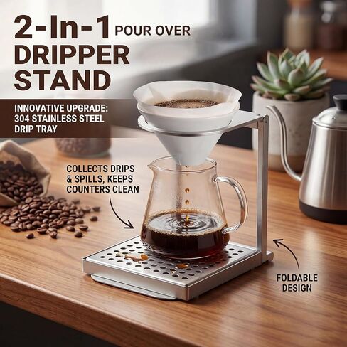 Enhon Pour Over Dripper Stand with Drip Tray, Portable & Foldable Espresso Machine Stand and Stainless Steel Drip Tray, Coffee Dripper Holder with Base, Suitable for Office, Home and Camping in Kuwait